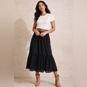 Jennifer & Grace Black Eyelet Tiered Midi Skirt M Smocked Waist Boho Soft Goth